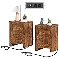 LUXOAK Nightstand Set of 2 with Charging Station, Farmhouse End Table with 2 Drawers Storage Cabinet, Rustic Wood Sofa Side Table for Bedroom, Living Room, Office, Rustic Brown