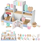 Fisher-Price Wood Pretend Play Toy Ice Cream Shop Set, 18-Piece Wooden Food Playset for Preschool Kids Ages 3+ Years