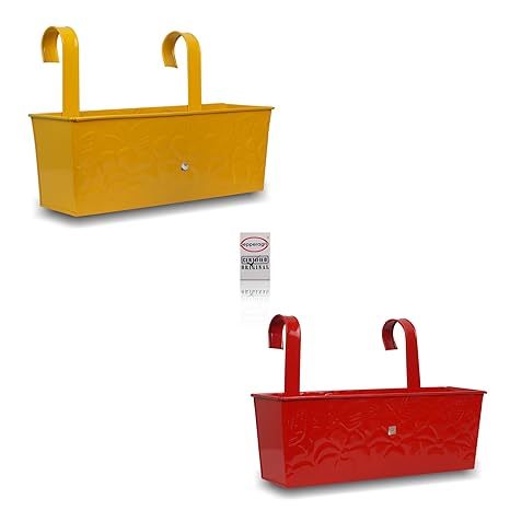 Pepper Agro Gardening Railing Balcony Planter Decorative Hanging Flower pots Rectangular Metal Plant Container Assorted Colours Set of 2