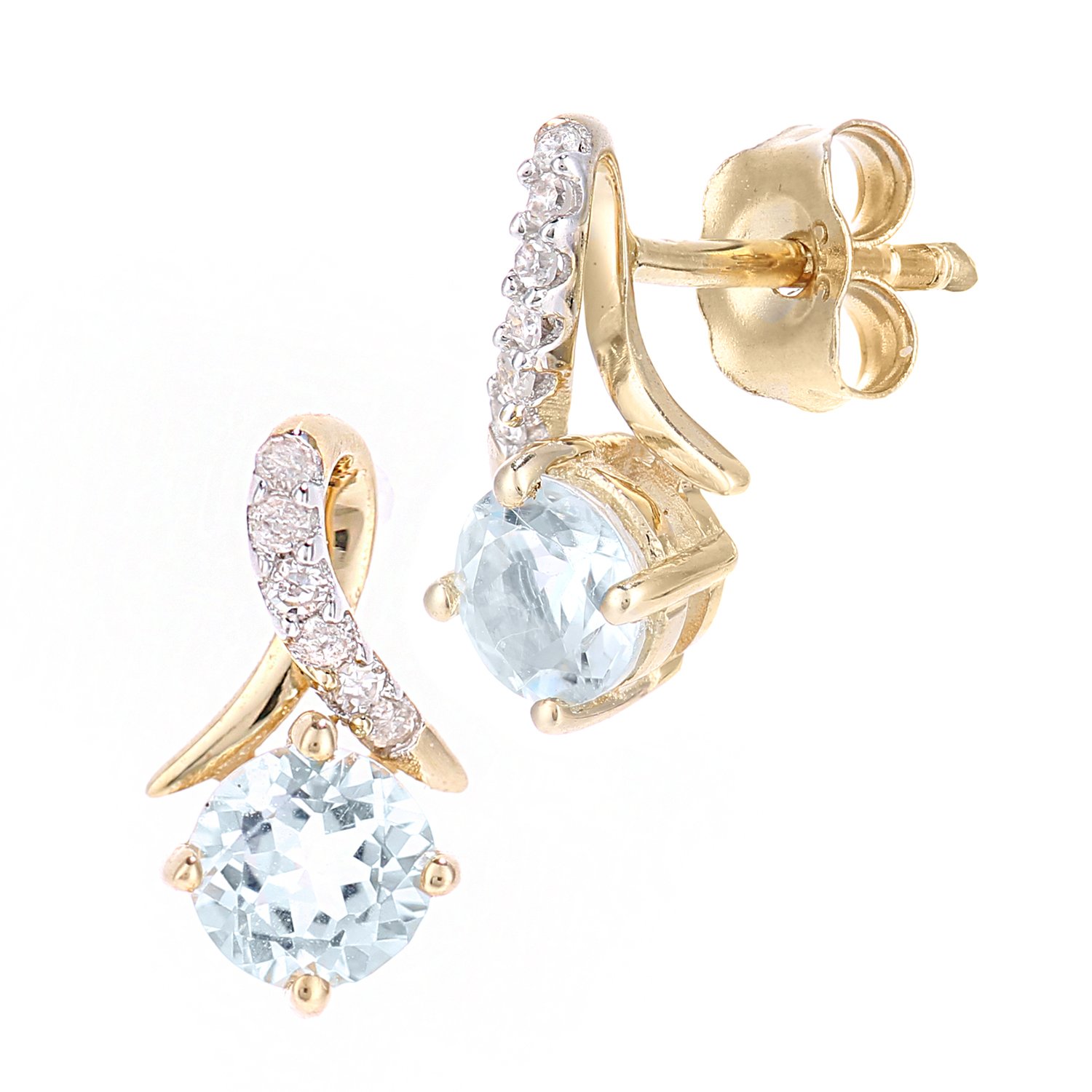 Naava 9ct Yellow Gold Round Blue Topaz and Diamond Twist Drop Earrings