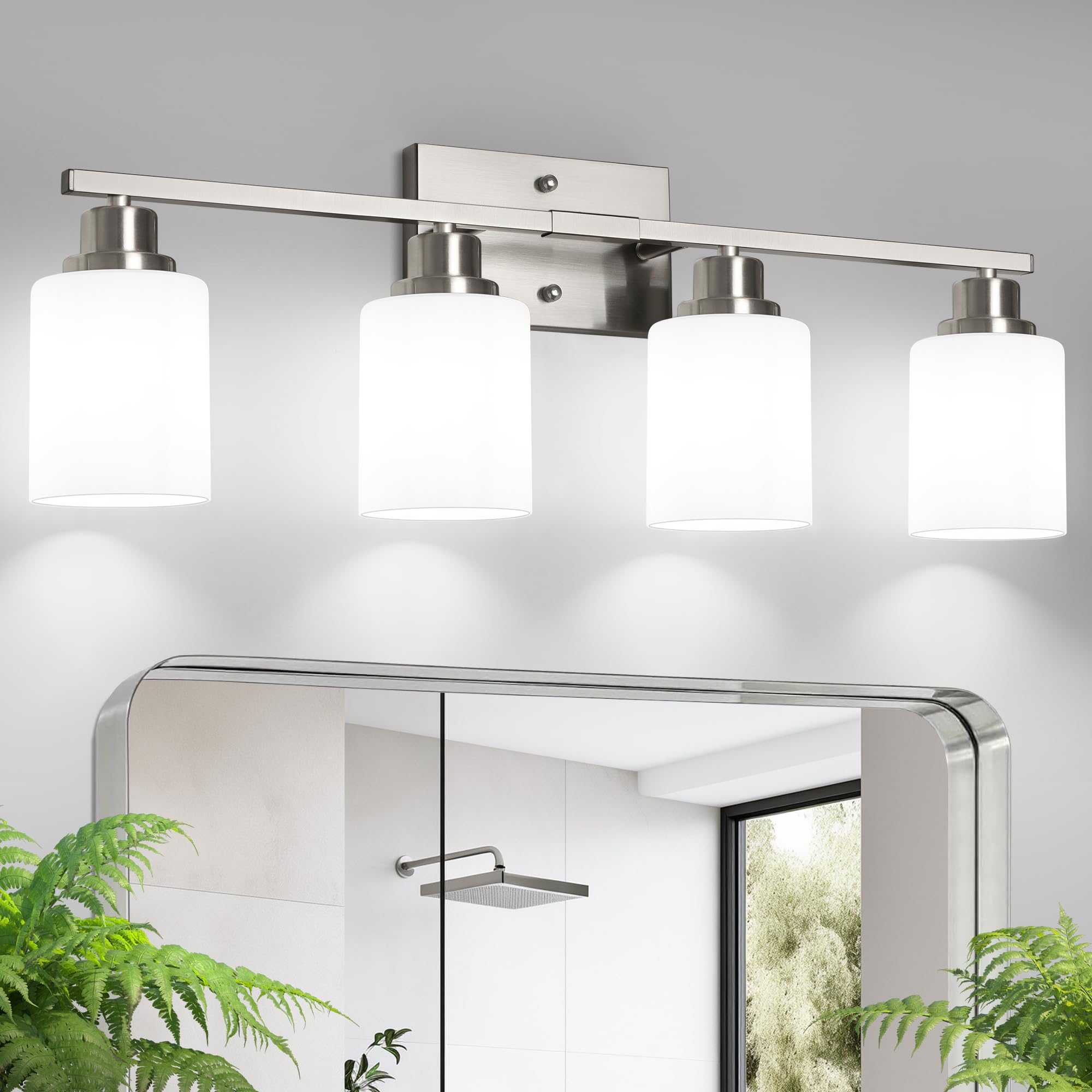 Photo 1 of Ascher Bathroom Light Fixtures, 4-Light Vanity Light Over Mirror, Brushed Nickel Wall Sconces with Milky White Frosted Glass Shades, Wall Lamp for Living Room Bedroom, E26 Base(Bulbs Not Included)