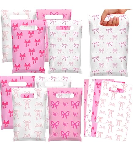 50 Pcs Pink Bow Gift Bags With Handles - Coquette Party Favor Bags Bulk Pack