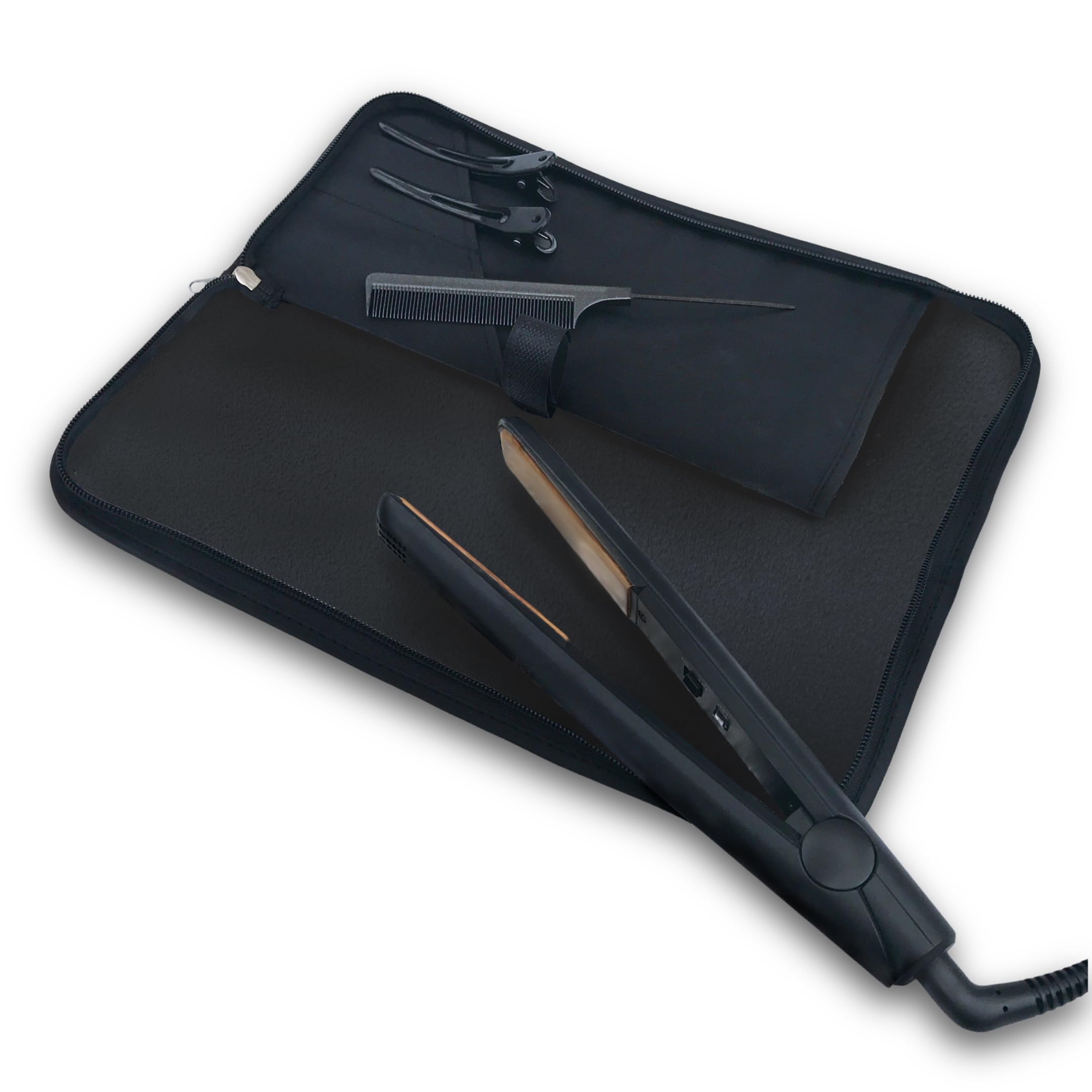 New: Hair Straightener Felt Heat Mat & Pouch by j&m - Heat Resistant - Fits ghd, BaByliss & Larger Straighteners - Zip-Up All-in-One Compact Travel Case