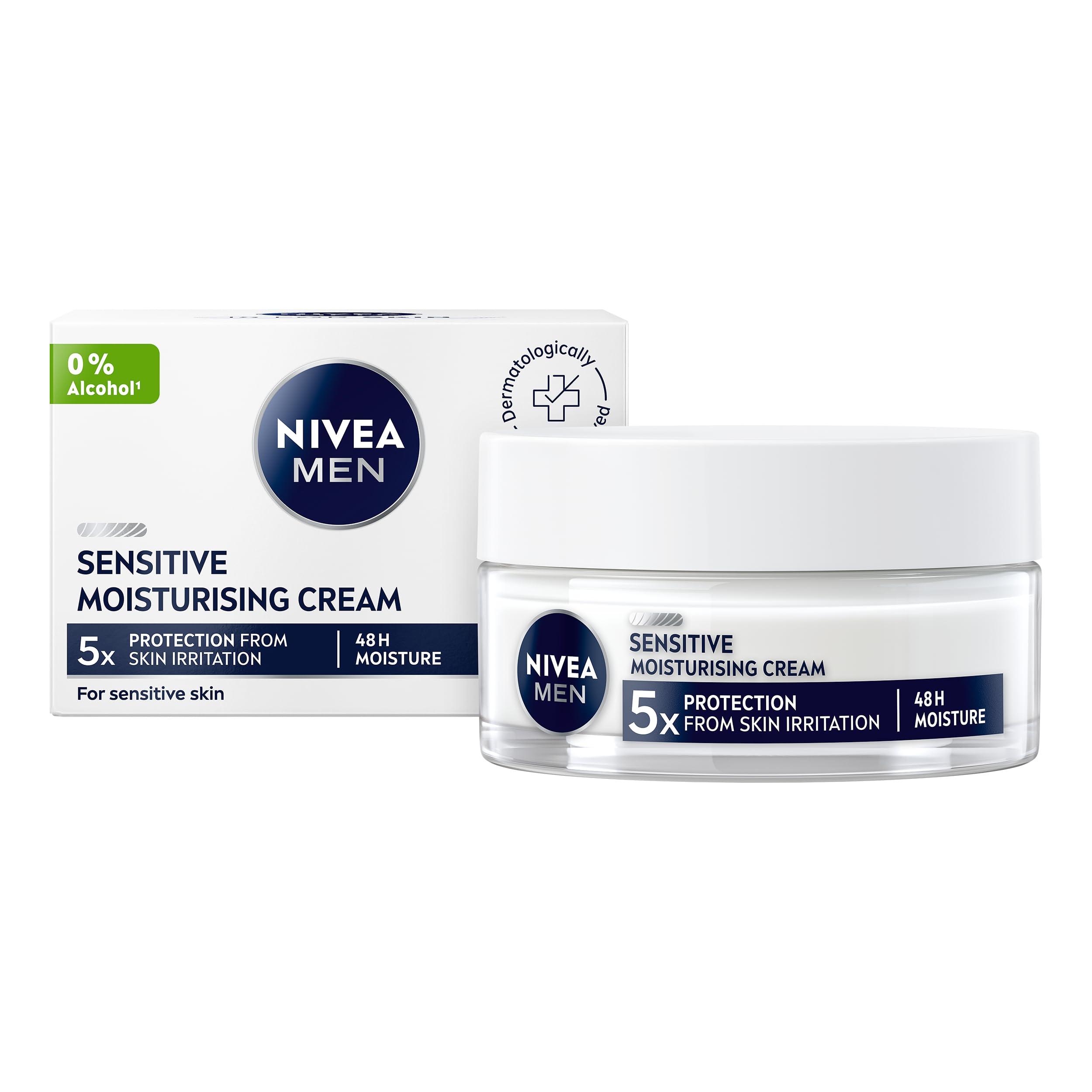 NIVEA MEN Sensitive Moisturising Cream (50ml), Face Care Moisturiser with Vitamin Pro Complex & 0% Alcohol for All-Day Relief from Skin Irritation & 48H Moisture, Ideal for Sensitive Skin