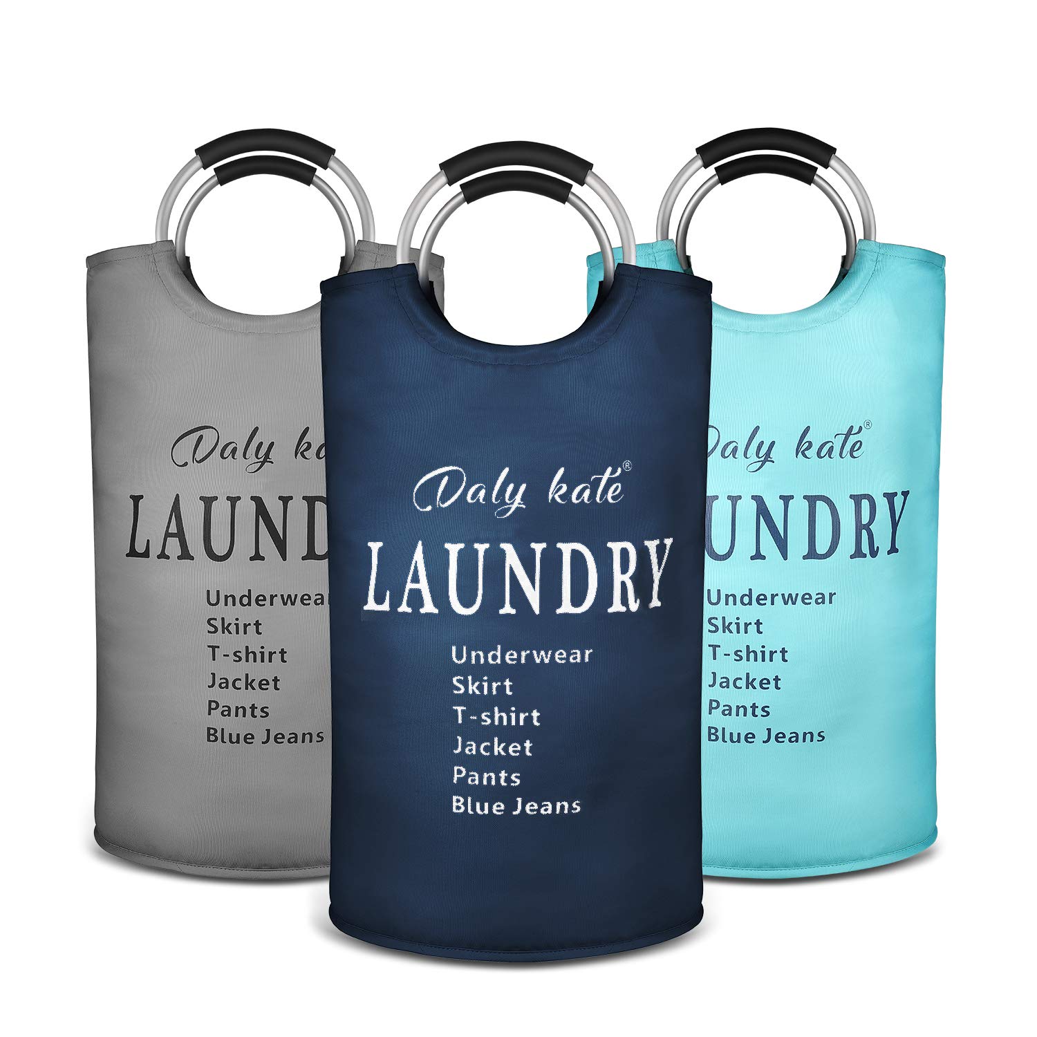 Daly Kate Large Laundry Bag Collapsible Oxford Fabric Laundry Hamper Bag with Aluminium Handles Foldable Tote Clothes Basket for Laundry and Storage-Dark Blue