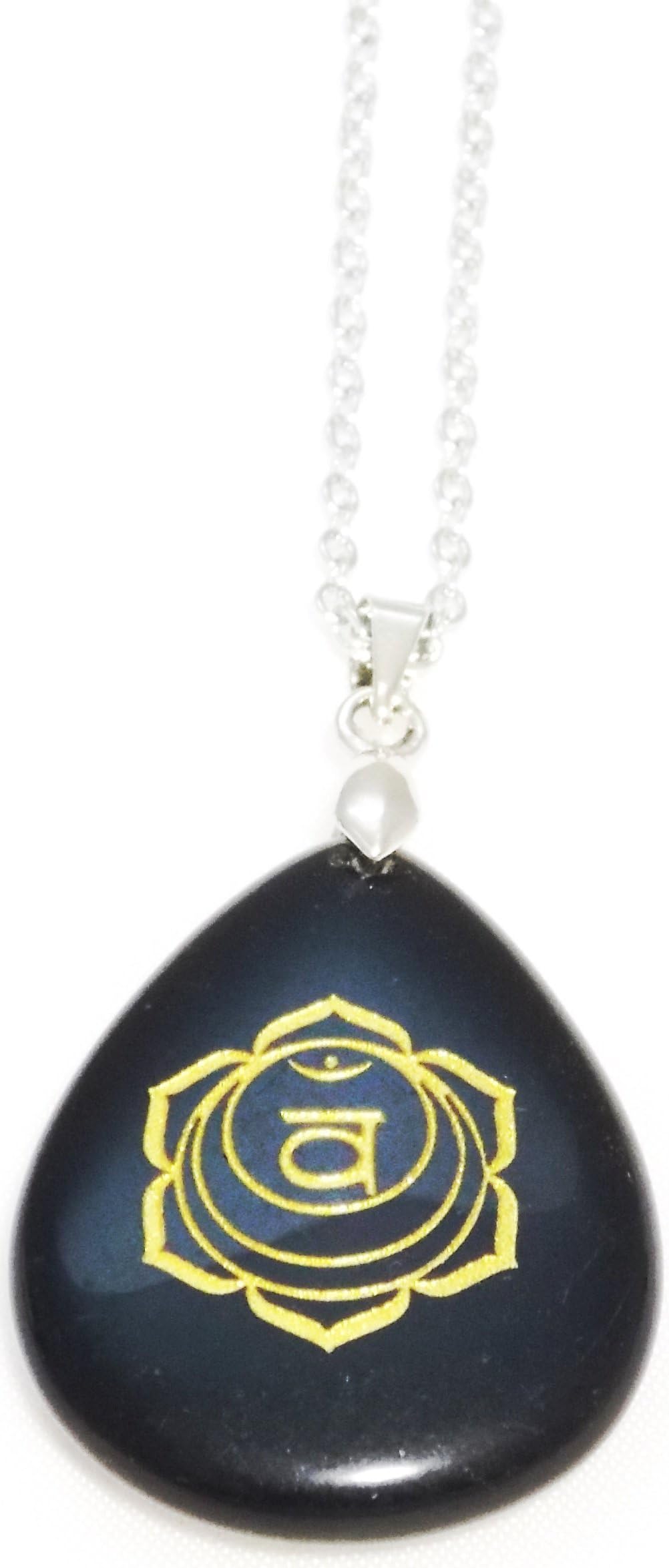 Black Stone Chakra Pendant - Engraved Chakra Symbol - Chain Necklace