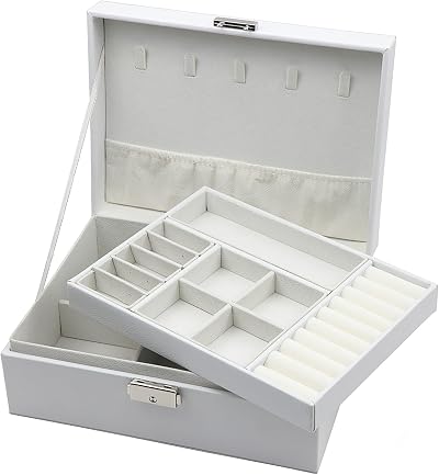 Homeanda Leather Jewellery Box Two-Layer Locking Organizer White 23x17x8.5cm