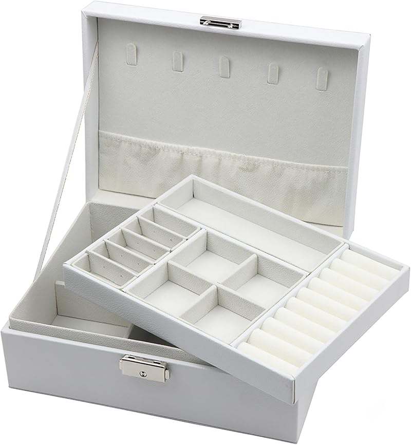 Homeanda Leather Jewellery Box Two-Layer Locking Organizer White 23x17x8.5cm
