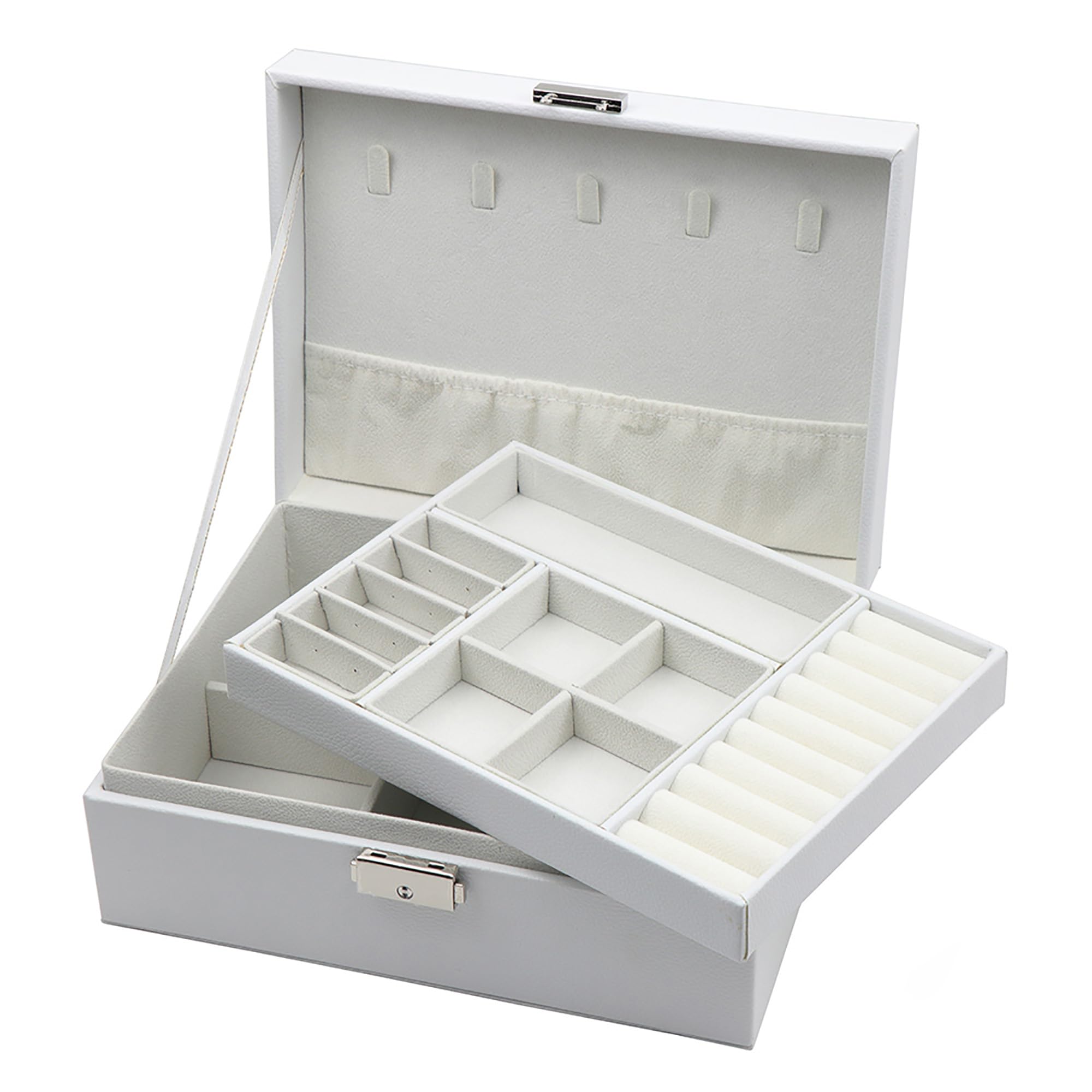 Homeanda Jewellery Box with Lock, 2-Layer Leather Jewellery Organizer boxes for Women Girls Teens, Large Jewellery Storage Box for Necklaces, Bracelets, Rings, Earrings -White