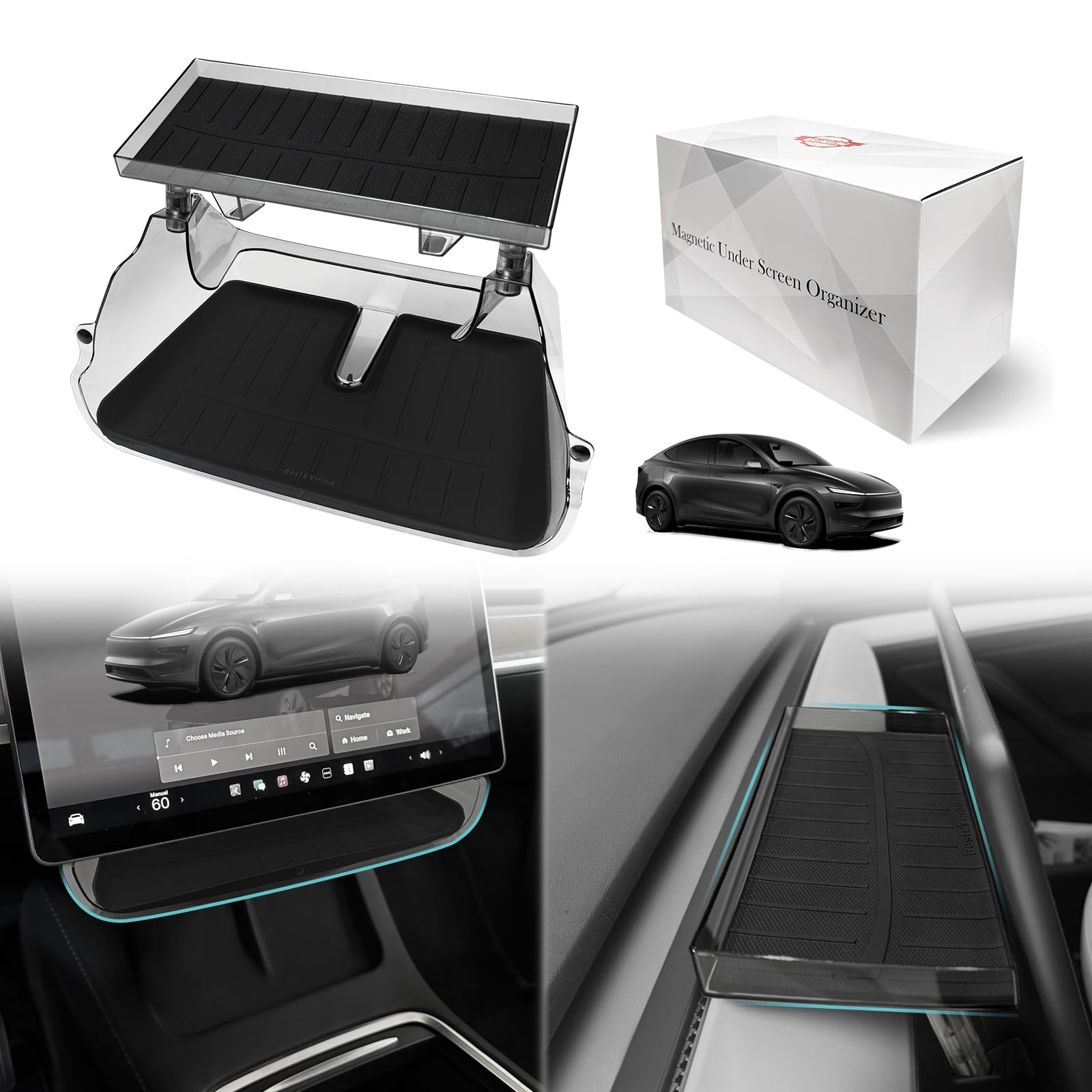 Photo 1 of BestEvMod Under Screen Storage Compatible with New 2025 2026 Tesla Model Y Juniper Accessories Magnet Install No Tape Needed Behind/Lower Screen Dashboard Organizer Tissue Holder (Black)