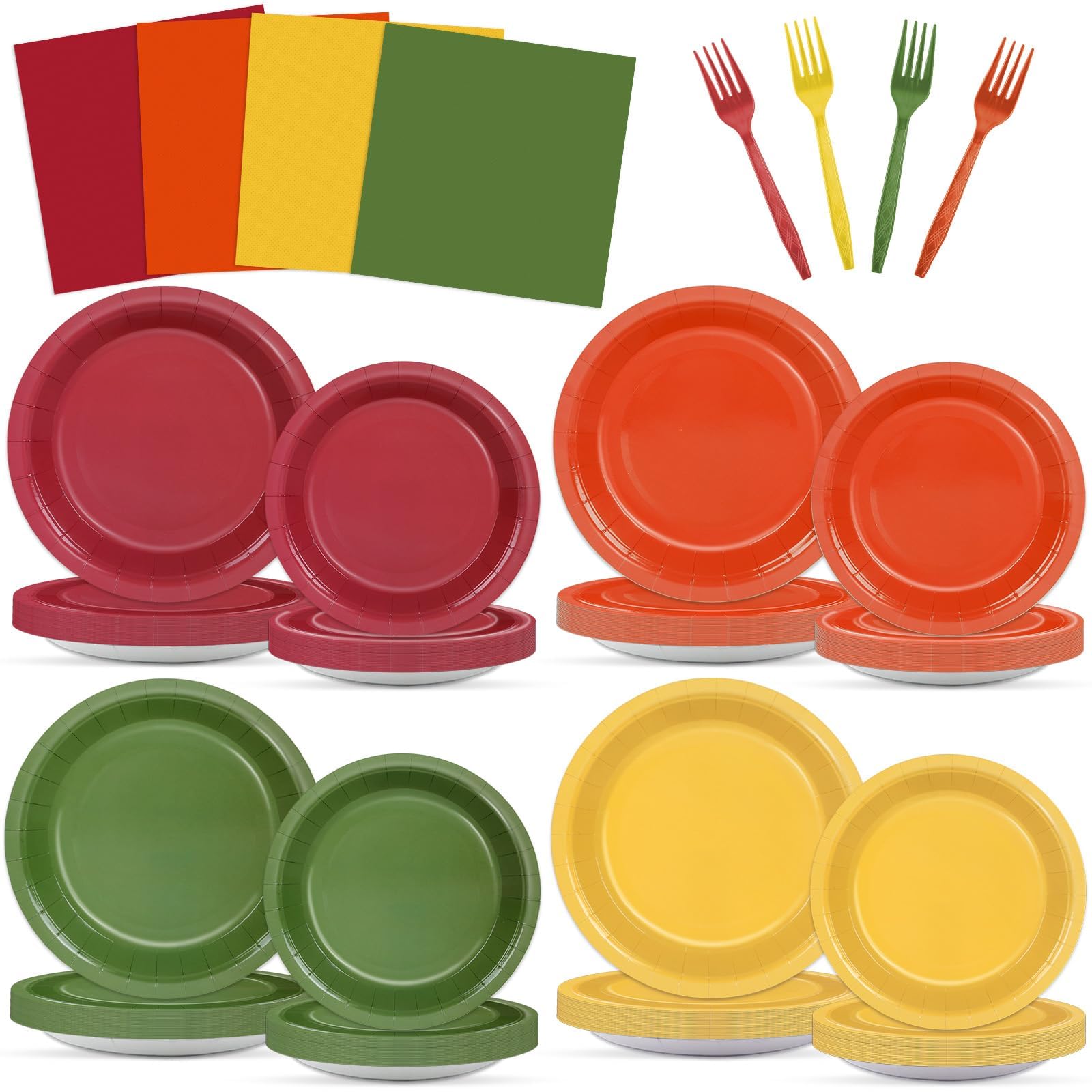 Photo 1 of 208 Pcs Thanksgiving Paper Plates and Napkins Tableware Sets Fall Autumn Color Red Orange Yellow Green Harvest Party Decorations Disposable Supplies for Wedding Birthday Baby Shower, 52 Guests