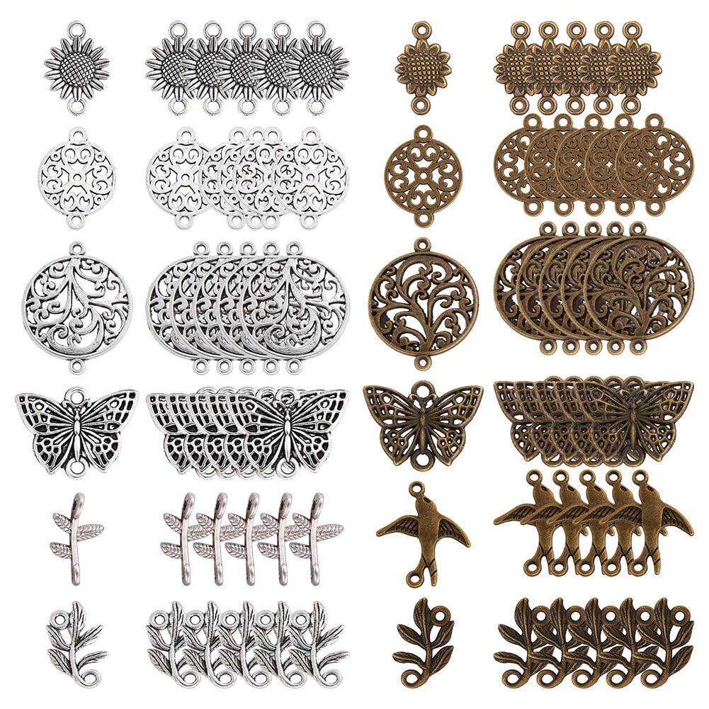 SUNNYCLUE 1 Box 72Pcs 12 Styles Flower Connector Charms Tree of Life Connector Charms Metal Link Charm Butterfly Sunflower Charm for jewellery Making Charms DIY Earring Necklace Bracelet Crafts