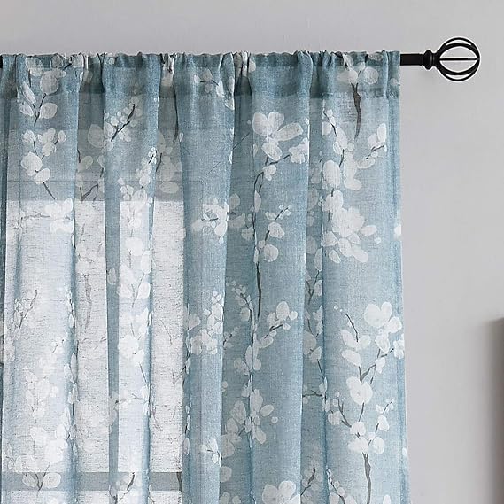 Blue Sheer Curtains for LivingRoom White Blossom Print on Flax Linen