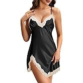 Vrtige Women's Sexy Satin Silky Nightgown Lace Trim Strappy Babydoll Chemise Nightdress Full Slip Black Small