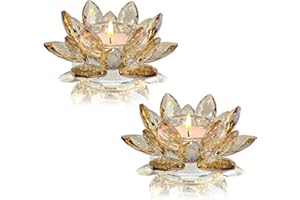Kolnlala Crystal Lotus Flower Tealight Candle Holders/Glass Tea Light Candlestick Decor Decoration for Christmas Home Wedding Party… (1, Gold 2pcs)