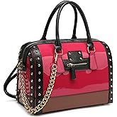 Dasein Women's Barrel Bag Shiny Patent Faux Leather Handbag with Rivet Decoration Top Handle Satchel Shoulder Purse