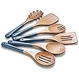 ROSOS Wooden Spoons For Cooking, 6 PCS Natural Acacia Wooden Cooking Utensils or Non-Stick Wooden Kitchen Utensil Set for Kitchen Essentials, Smooth Grip Wooden Cooking Spoons with Hanging Hole, Blue