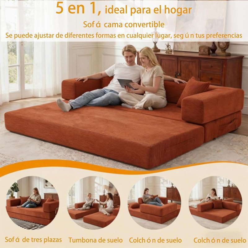 Sofá-cama de 2 lugares de 160 cm com espuma e molas para sala de estar, laranja