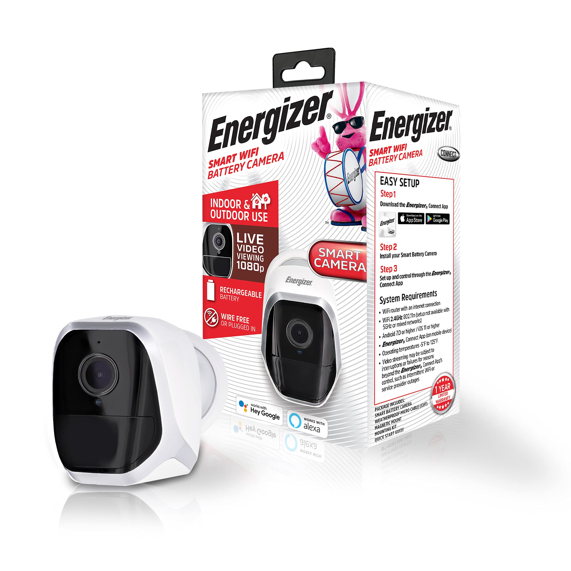 Photo 1 of Energizer Connect Wireless Rechargeable Battery-Powered Smart WiFi Security Camera, 1080p Video, Indoor/Outdoor Weatherproof, PIR Motion Detection, 2-Way Audio, Night Vision, Cloud Storage/SD Slot