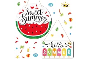 CHITIDR 2 Pcs Hello Summer Sign Rustic Wood Decor Sweet Summer Sign Front Door Decoration with Watermelon Farmhouse Wall Hanging Plaque Filleted Corner Wooden Sign for Home Bathroom Indoor Outdoor