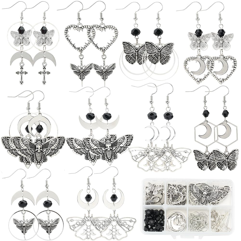 SUNNYCLUE 1 Box 10 Pairs Gothic Dangle Earring Making Kits Butterfly Moth Charms Bulk Halloween Skull Charm Cross Charm Moon Crescent Charms for jewellery Making Kits DIY Dangle Earrings Gift Supplies