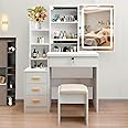 MONGMON Vanity Desk with Mirror and Lights, 3 Lighting Modes, European Style Dressing Table with Drawers, with Open Storage Shelves,Makeup Vanity Table for Bedroom,Gifts for Girls and Women, White