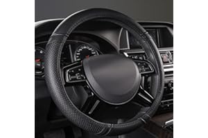 Car Pass Classical Leather Automotive Universal Steering Wheel Covers,Universal Fit for Suvs,Trucks,Sedans,Cars,Vans,14.5-15inch Anti-Slip Safety Comfortable Desgin(Black)