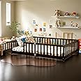 PVWIIK Full Size Floor Bed with Fence and Door,Rubber Wood Floor Bed w/Safety Guardrails/Near The Ground,Easy to Assemble & No Box Spring Needed, Espresso