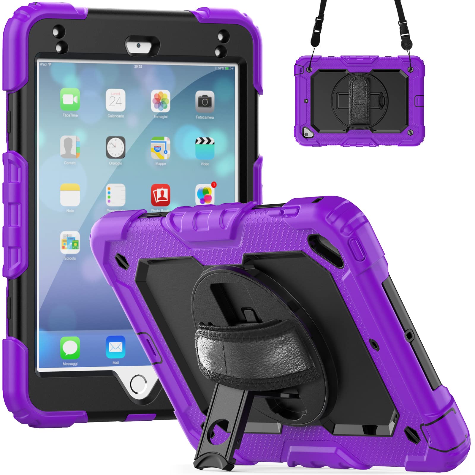 iPad Mini Case for iPad Mini 5 2019/ Mini 4, Full body anti-fall&Shock-Proof Protection with 360 Rotating Stand Handle/ Shoulder Strap for iPad Mini 5/4 Tablet Case（purple b)