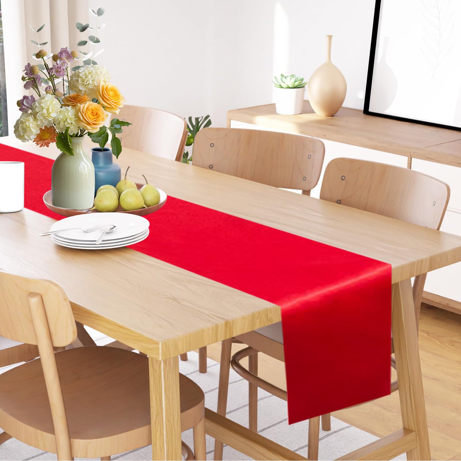 Photo 1 of 1 Pack Satin Table Runner 12 x 108 inches Long Silky Fabric Table Runner Decor for Wedding Banquet Bridal Shower Buffet Graduation Engagement Birthday Event Themed Party - Bright Red