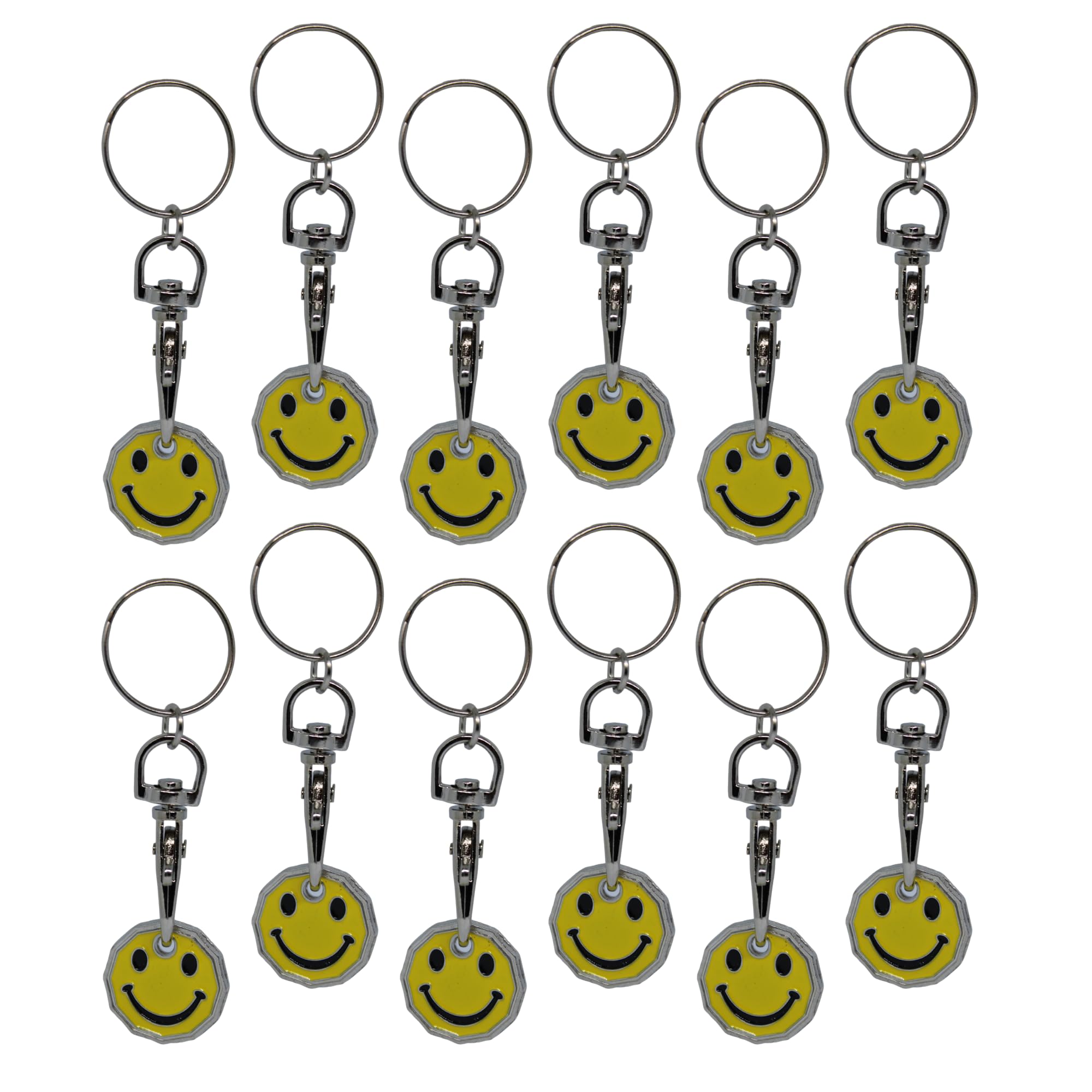 12pk Shopping Trolley Token Key Ring | Trolley Tokens for Supermarket, Gym Locker | New Pound Coin UK Tokens (12pk Smiley Face)