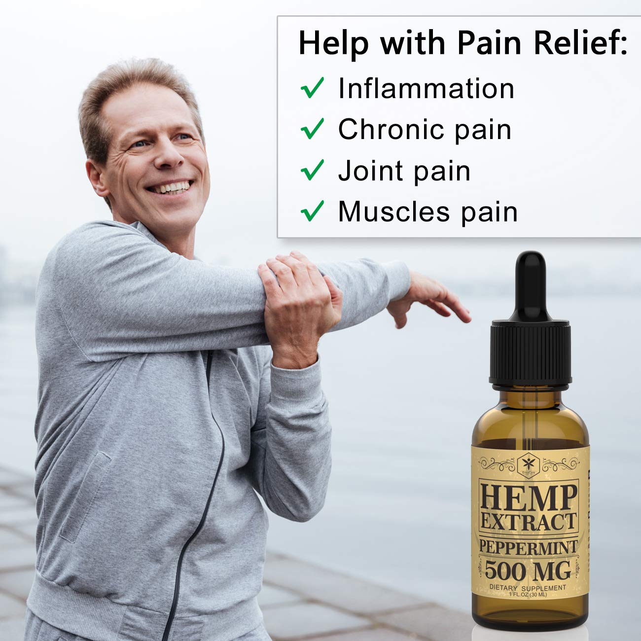 Hemp Oil 500mg for Pain Relief, Stress and Anxiety Relief, Better Sleep | 100% Natural, Organic, Vegan, Non-GMO | 500mg, 30 Serv, 16mg/Serv (Peppermint)
