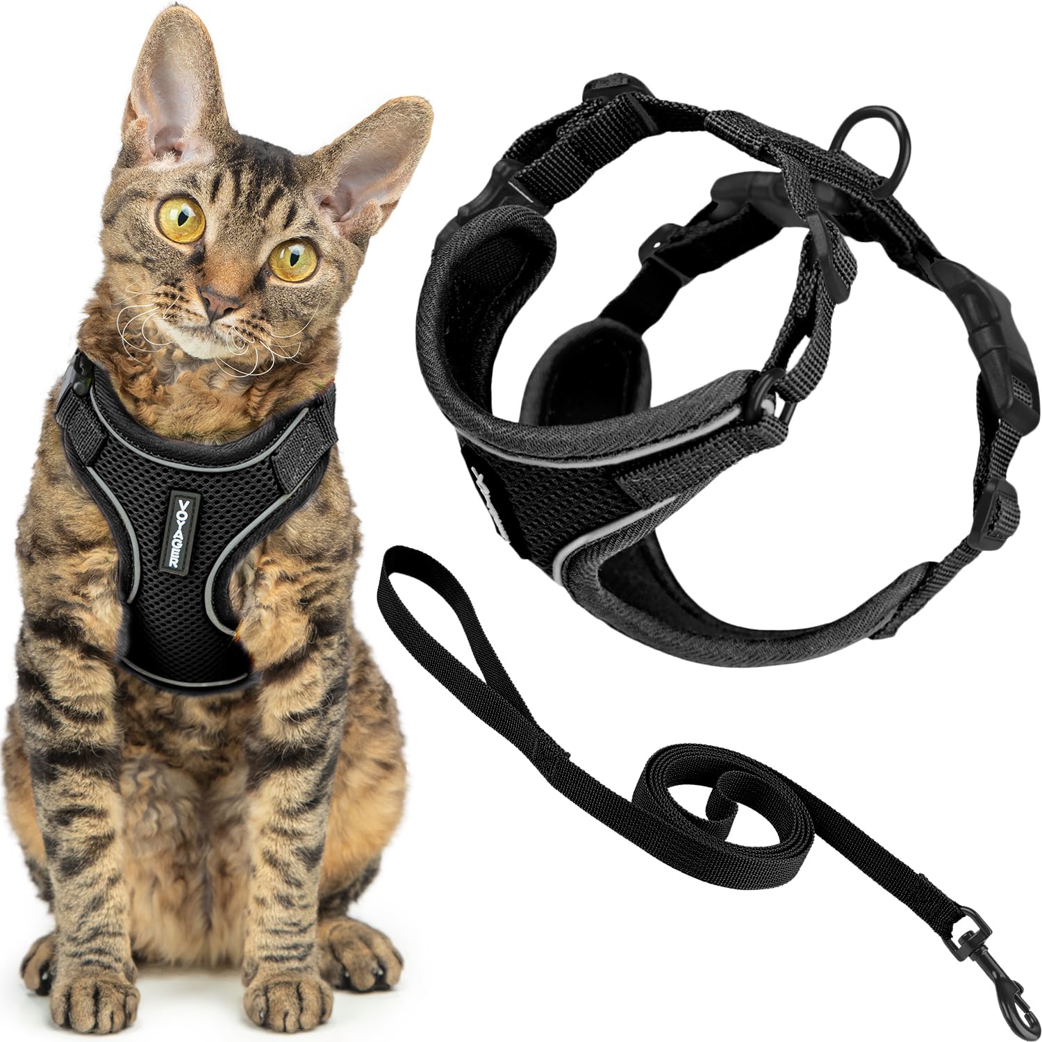 Photo 1 of Voyager Escape Proof Cat Harness and Leash Set with Reflective Stitching, Neoprene Handle 5ft - Supports Small, Medium and Large Cats, Kittens for Walking by Best Pet Supplies - Black, S