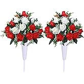 Hibsotco Set of 2 Artificial Cemetery Flowers with Vase,Grave Memorial Day Flowers for Cemetery Headstones Gravesites (Red,White)
