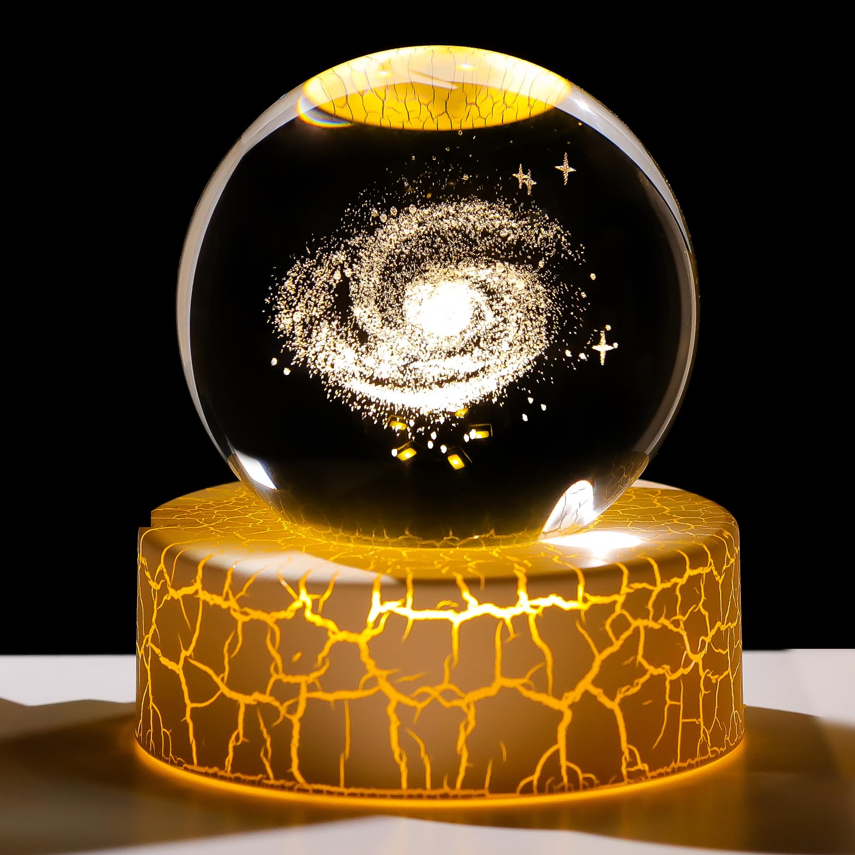 2.36in. 3D Milky Way Galaxy Crystal Ball Astronomy Universe Gifts for Boys Men, K9 Crystal Decorative Ball Engraved Galaxy System Paperweight with LED Light Base for Home Ornament
