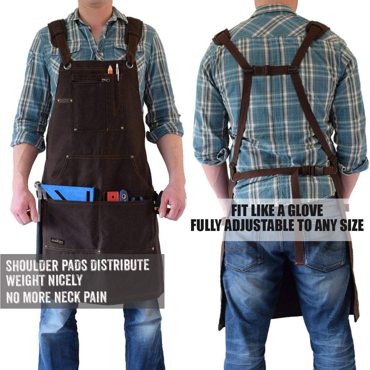Woodworking Shop Apron - 16 oz Waxed Canvas Work Aprons | Metal Tape holder, Fully Adjustable to Comfortably Fit Men and Women Size S to XXL | Tough Tool Apron to Give Protection and Last a Lifetime - - 