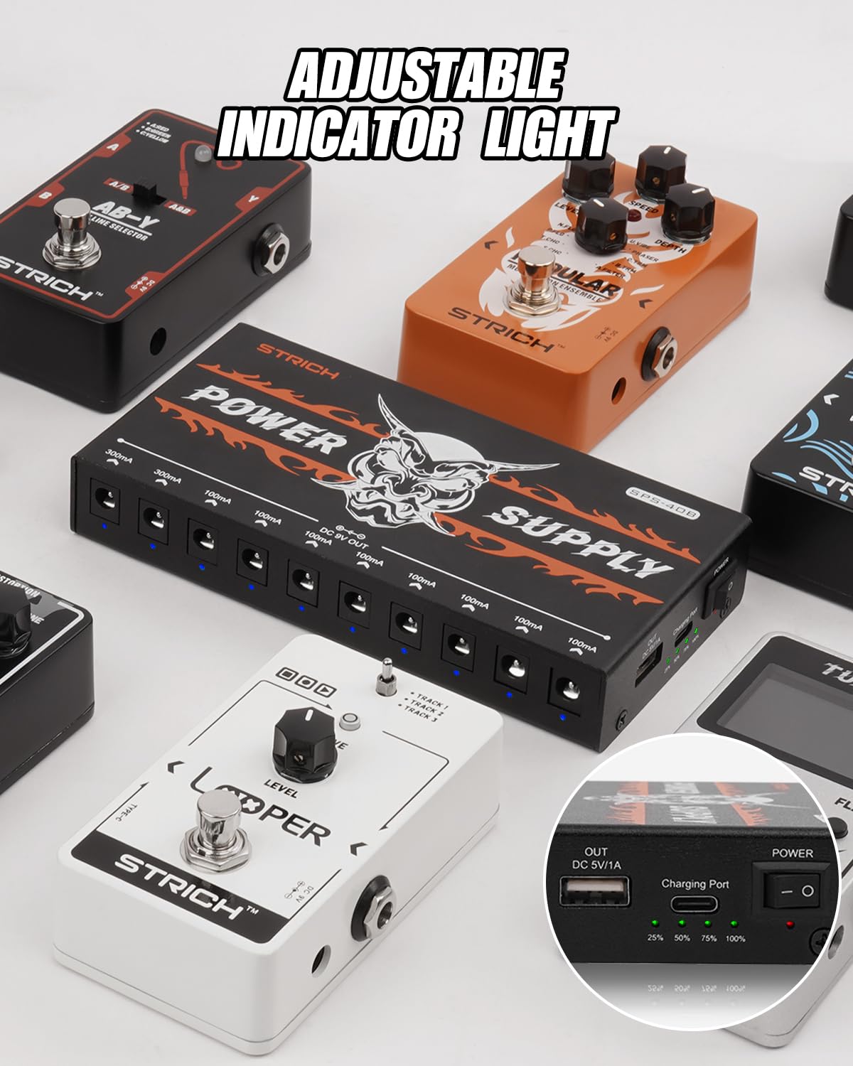 STRICH SPS-40B Wiederaufladbarer Akku Gitarre Effektpedal Netzteil mit eingebautem 10000mAh 10 Ausgängen DC 9V (2x300mA, 8x100mA) Buchsen für Gitarre Bass Pedale, 5V/1A USB Port für Telefon 6