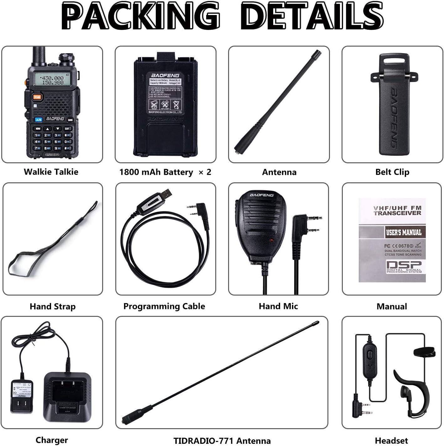 BaoFeng Walkie Talkie UV-5R Dual Band Two Way Radio with one more 1800mAh UV5R Battery one Hand Mic and one TIDRADIO 771 Antenna Baofeng Radio Ham radio