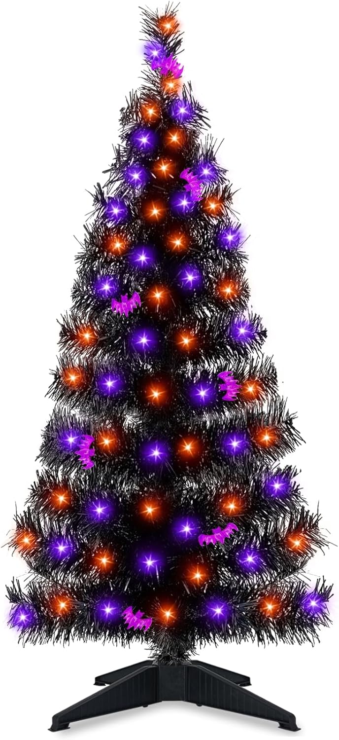 Trees - TURNMEON 3 Ft Orange Purple Lighted Halloween Tree Decor with Timer DIY 60 LED15 Bats Ornament Battery Powered Full Artificial Black Xmas Christmas Tree Halloween Decorations Home Indoor Outdoor Party