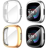 Suoman [4-Pack] for Fitbit Sense 2 /Versa 4 Screen Protector Case | Full Around Electroplate Soft TPU Bumper Around Protective Case Cover-Black+Silver+Rose+Clear