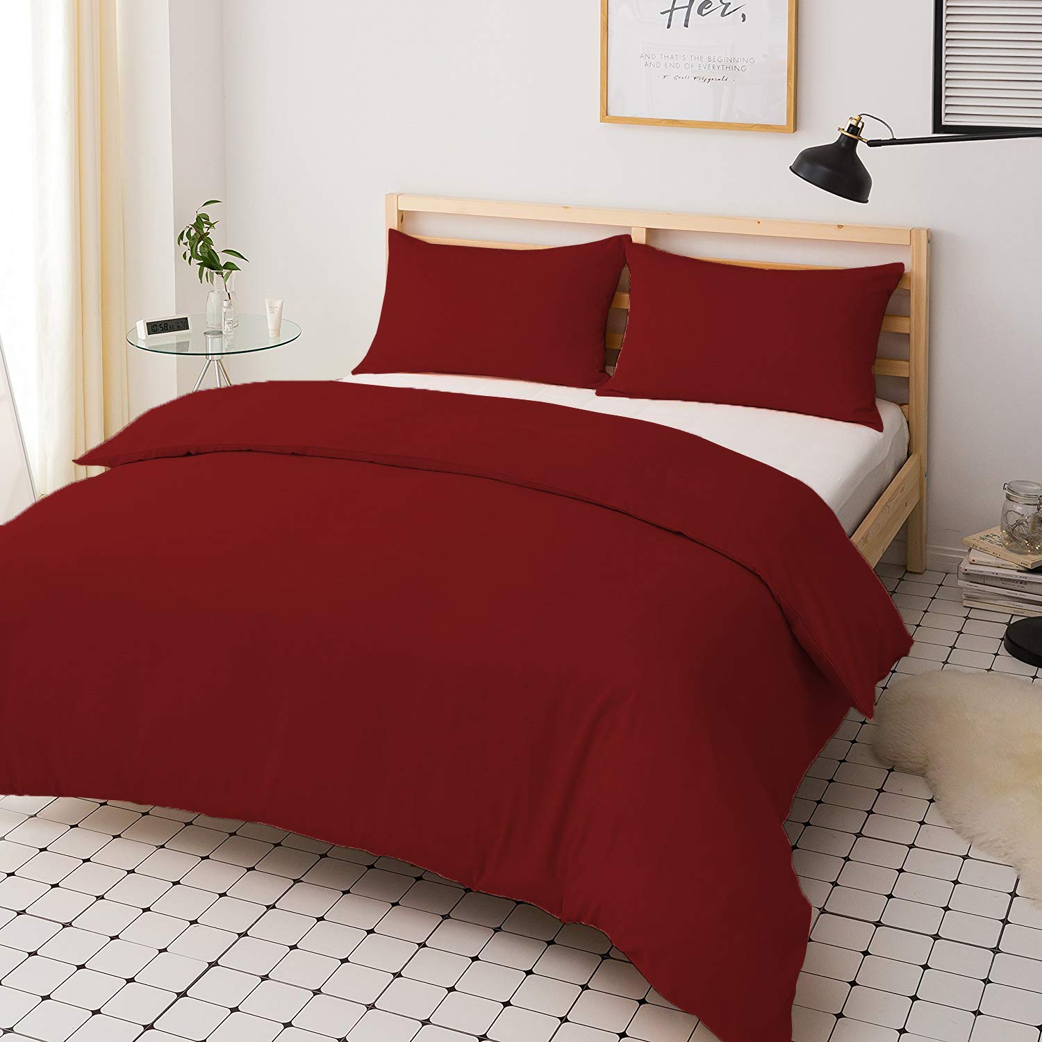 mFabrics Poly-Cotton Duvet Quilt Cover Set - Easy Care, Machine Washable - Single Double King Super King - Pillowcase Included (Wine, King)