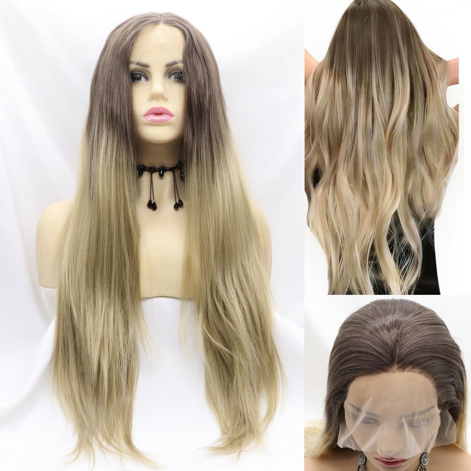 Long Straight Wigs for Women Ombre Brown Blonde Pre Plucked Natural Hairline Synthetic Lace Front Wig Heat Resistant Fiber Hair Replacement Wigs for Daily Party Halloween Use 24"