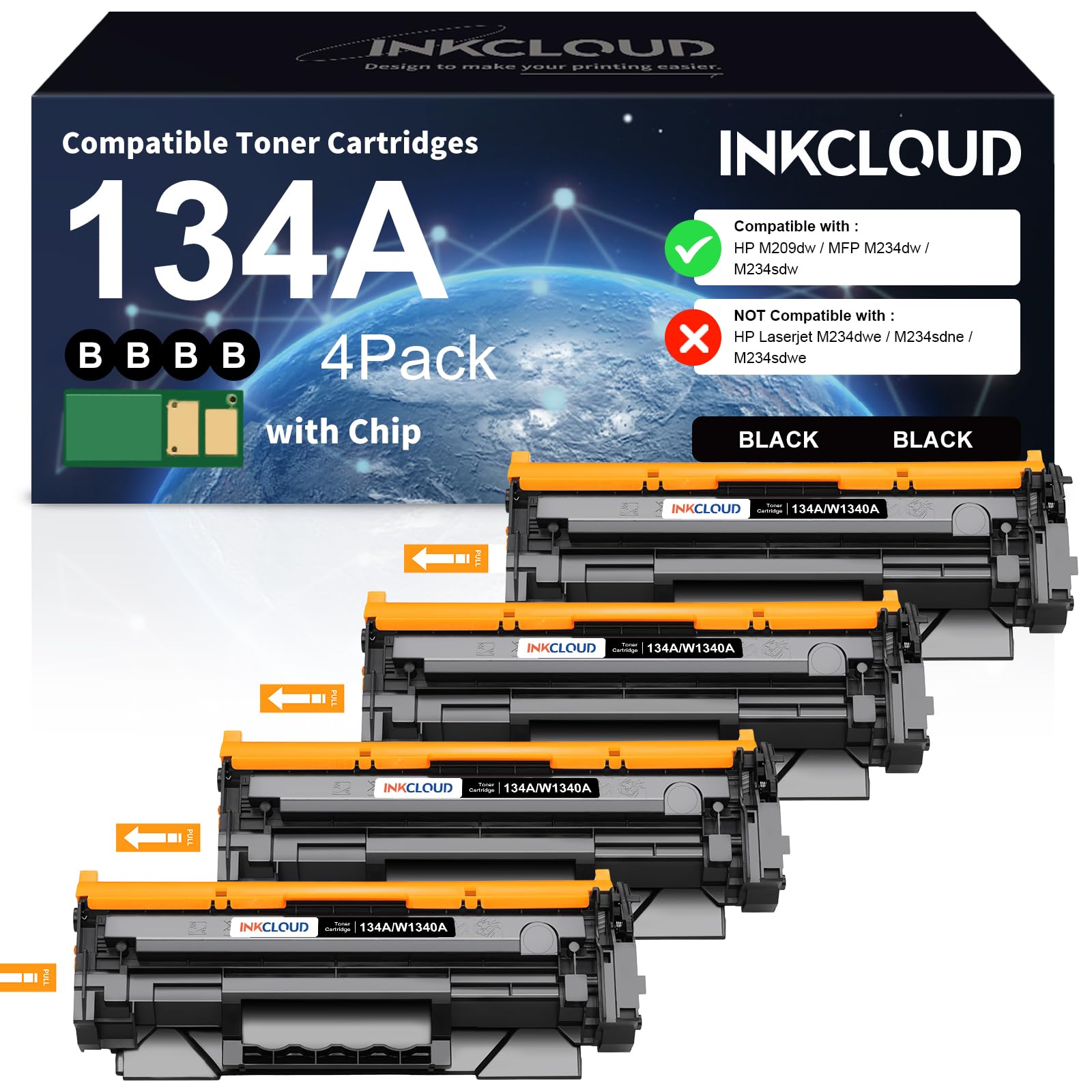 Photo 1 of INKCLOUD 134A Toner Cartridge with Chip 4-Pack Replacement for 134A W1340A Black Toner Cartridge Work with M209dw MFP M234dw M234sdn M234sdw Printer