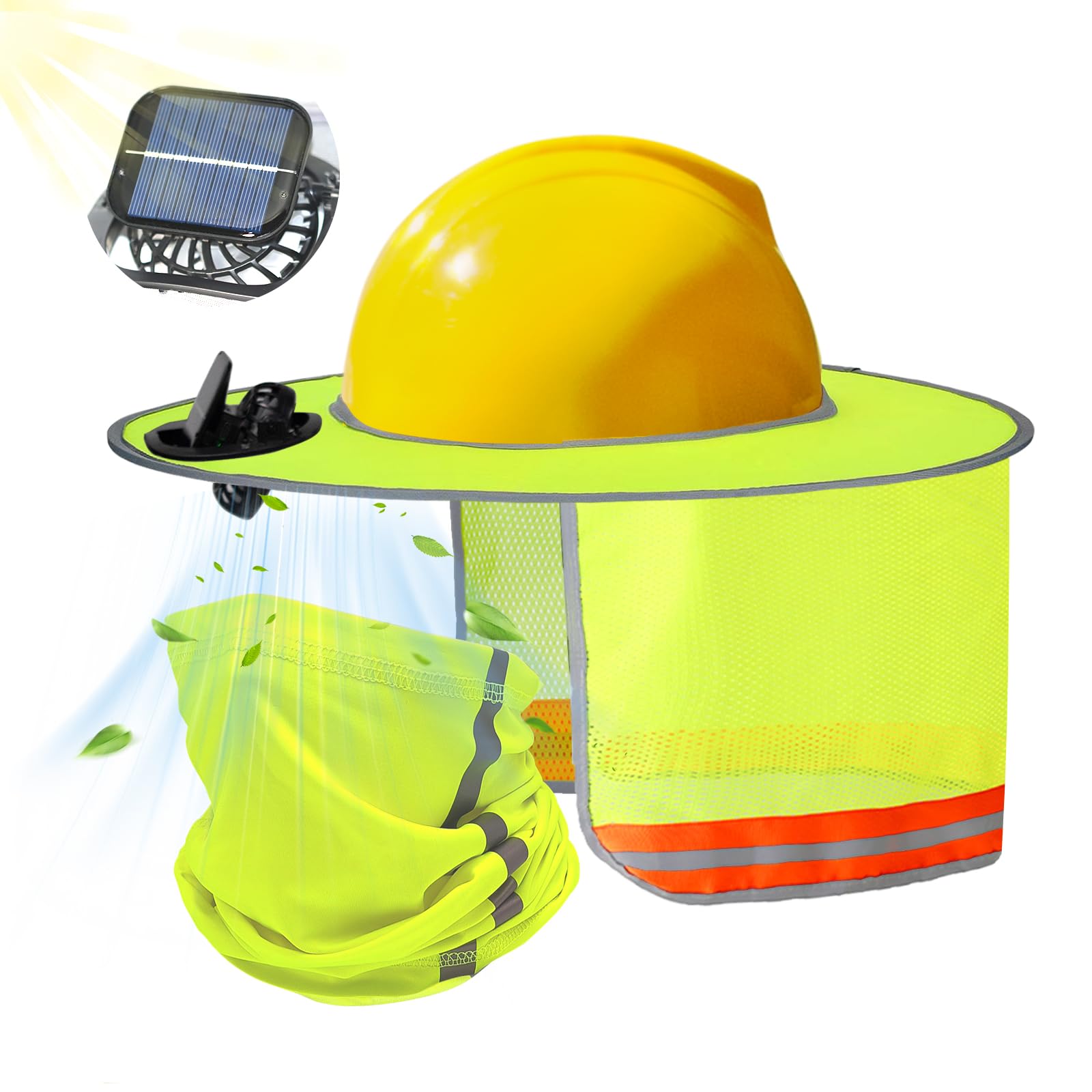 Photo 1 of 1 Set Solar Fan Hard Hat Sun Shade with Face Shield, Outdoor Fishing Hat Sun Visor for Men Women, Construction Work Accessories Full Brim Mesh Sunshade with Reflective Strip (Neon Yellow)