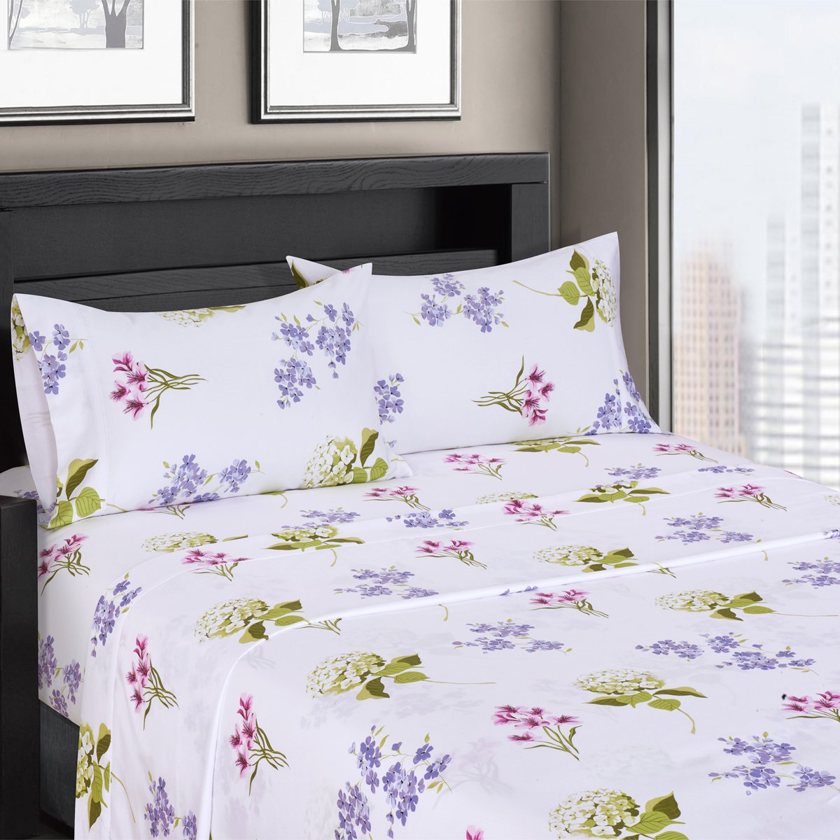 Blossom Floral Sateen Cotton Sheets, 5pc Adjustable King, Split-King Bed Sheet Set 100-Percent Cotton, Superior Sateen Weave, Silky Soft, Deep Pocket, Modern Reactive Print, 300 Thread Count