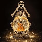 Halloween Skeleton Water Glitter Snow Globe Lantern, 11.42 Inch Lighted Pumpkin Scene Decor with Spooky Laugh Sound, 6H Timer, USB or 3 AA Battery Powered Tabletop Decoration
