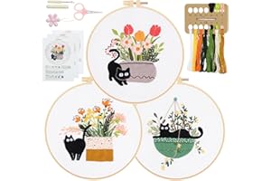 RidaaFri Embroidery Kit for Beginners Set of 3, DIY Hand Stamped Embroidery Kits for Adults, Kids and Starter with Cat, Floral, Plants Patterns, Step by Step Instructions and Video Tutorial