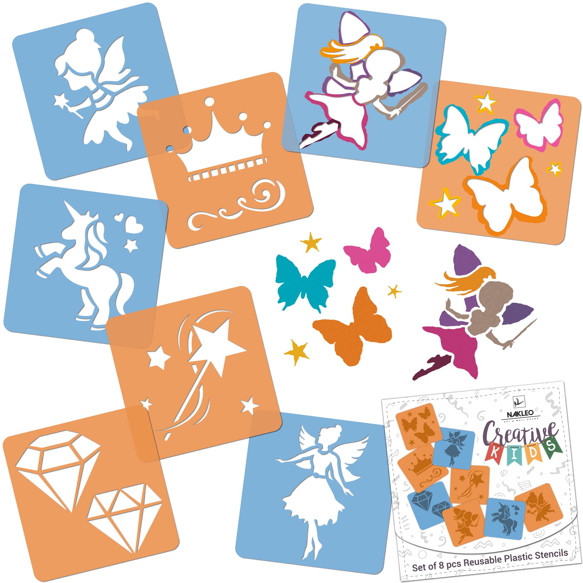 NAKLEO Painting Stencils for Kids, 8 Pcs Set 15x15cm Fairies Tales, Children Creative Drawing Templates Plastic and Reusable, DIY Decoration Arts and Crafts, Paper Wall Wood Fabric