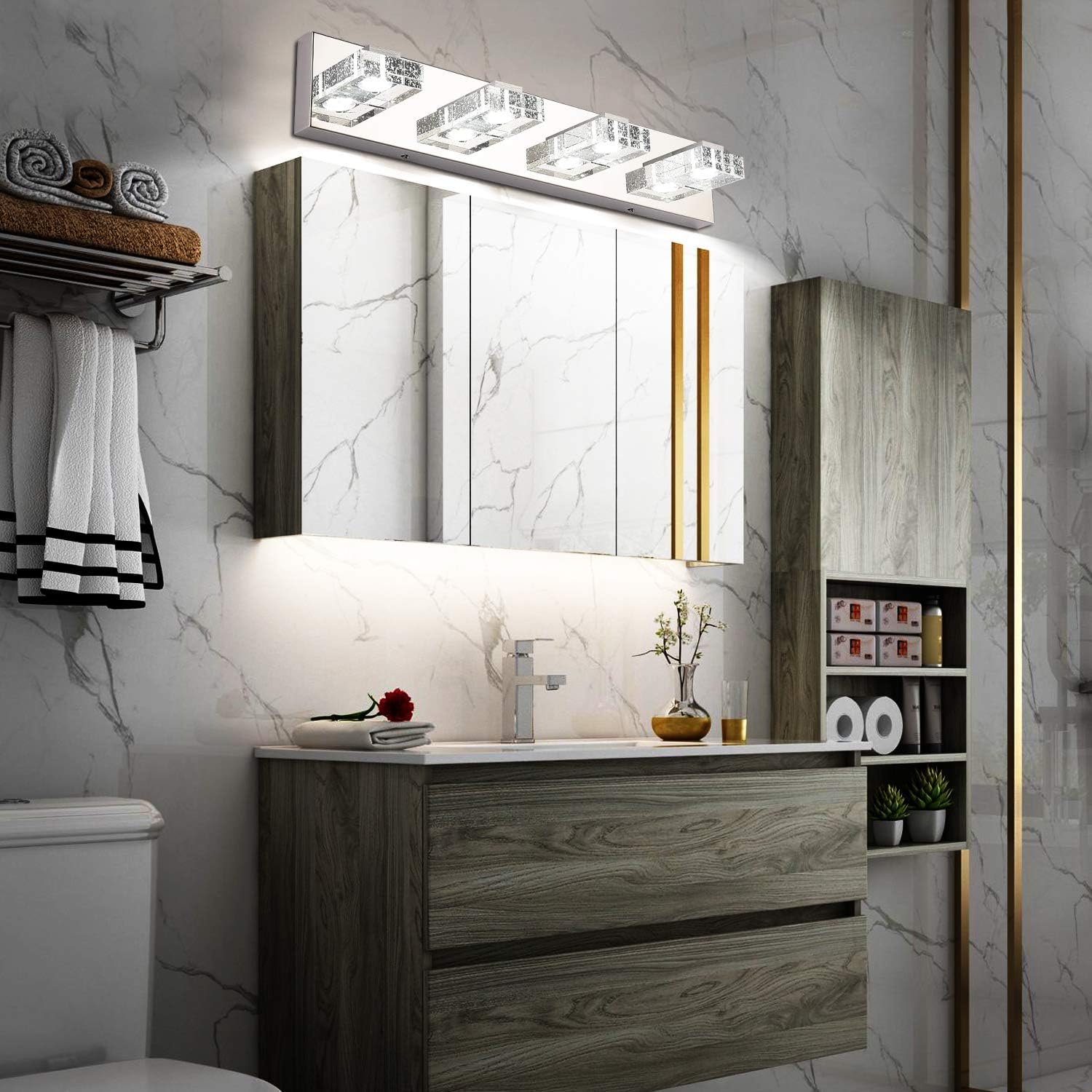 Bathroom Light, SOLFART 4 Lights Modern Glass Stainless Steel Vanity Wall Light Over Mirror LED Bathroom Lighting Fixtures - - 