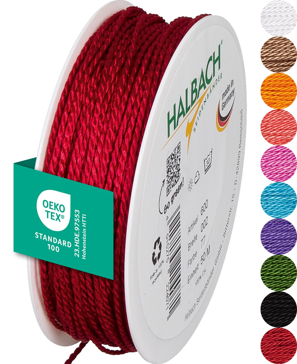 Halbach Seidenbänder Premium Cord (Red) | Width 2 mm Length 50 m | Made in Germany & Oeko-Tex Certified | Shiny Satin Cord Made of Acetate — image 1